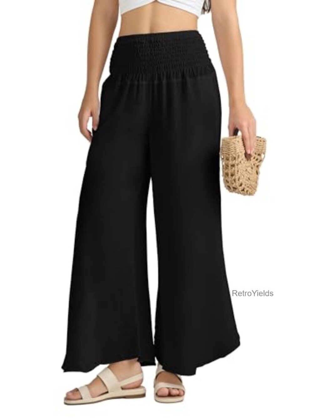 Boho Flare Leg Palazzo Pants Smocked Harem Waist Pockets